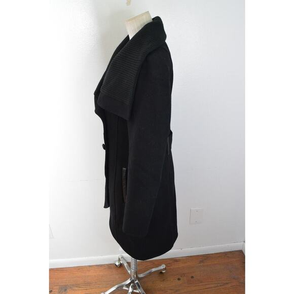 Mackage Coat Womens Medium Wool Blend Double Breasted Collar Black Lether Button - Picture 3 of 9